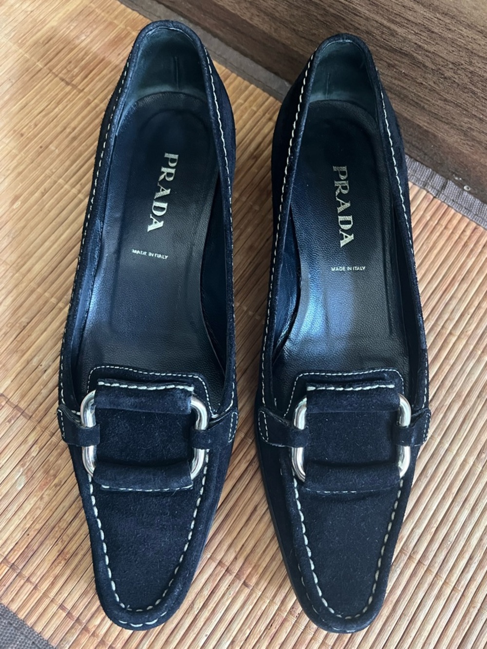 Prada Black Suede Loafers With Silver Tone Buckle Contrast Stitching Sz 36 Italy - Picture 16 of 16
